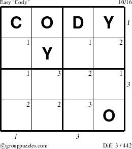 The grouppuzzles.com Easy Cody puzzle for , suitable for printing, with all 3 steps marked