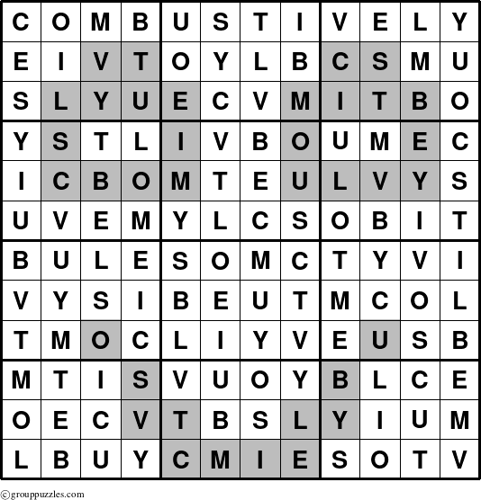 The grouppuzzles.com Answer grid for the Combustively puzzle for 