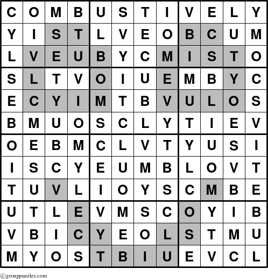 The grouppuzzles.com Answer grid for the Combustively puzzle for 