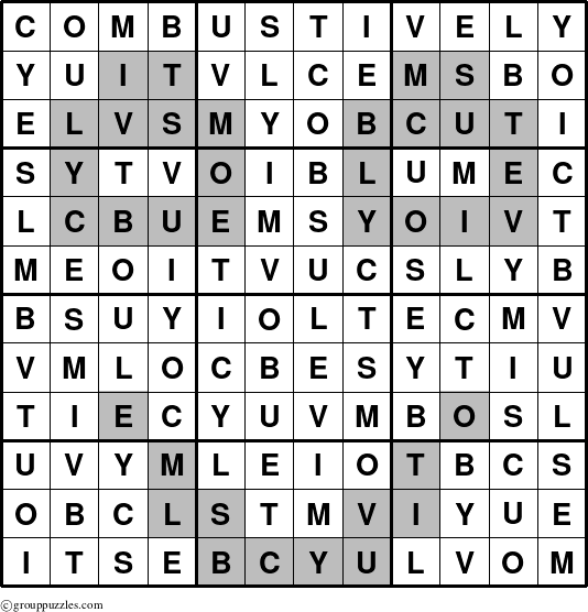 The grouppuzzles.com Answer grid for the Combustively puzzle for 