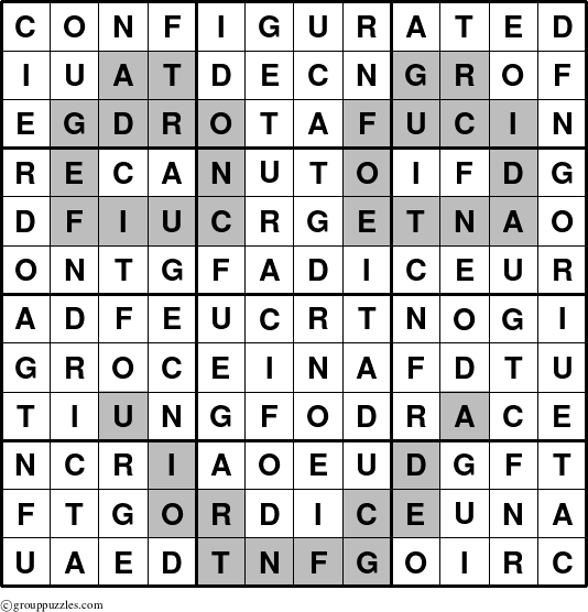 The grouppuzzles.com Answer grid for the Configurated puzzle for 