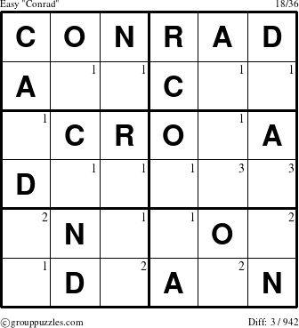 The grouppuzzles.com Easy Conrad puzzle for  with the first 3 steps marked