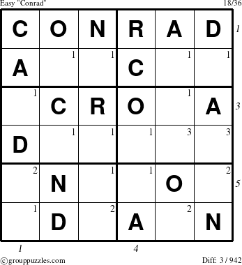 The grouppuzzles.com Easy Conrad puzzle for  with all 3 steps marked