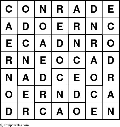 The grouppuzzles.com Answer grid for the Conrade puzzle for 