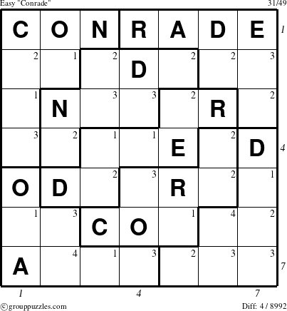 The grouppuzzles.com Easy Conrade puzzle for  with all 4 steps marked