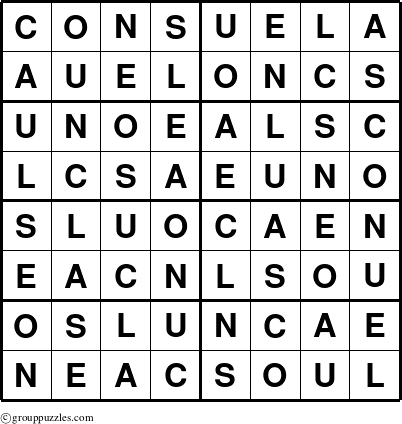 The grouppuzzles.com Answer grid for the Consuela puzzle for 