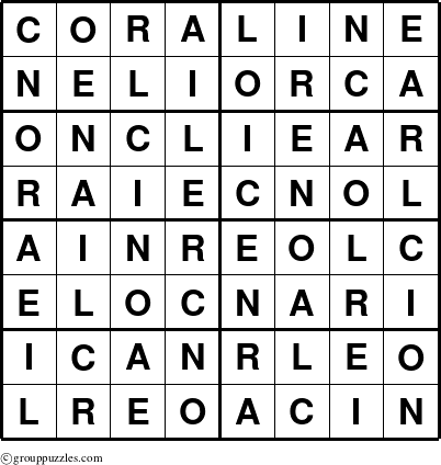 The grouppuzzles.com Answer grid for the Coraline puzzle for 