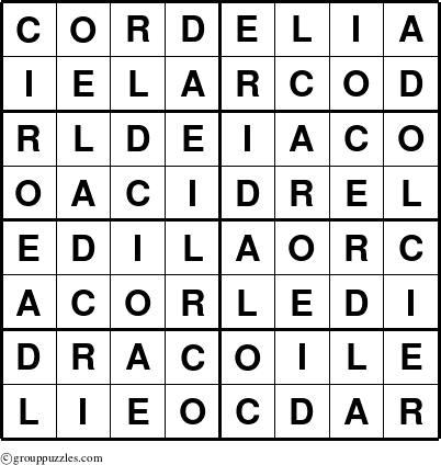 The grouppuzzles.com Answer grid for the Cordelia puzzle for 