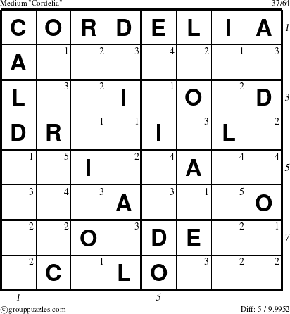 The grouppuzzles.com Medium Cordelia puzzle for , suitable for printing, with all 5 steps marked