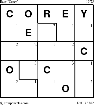 The grouppuzzles.com Easy Corey puzzle for  with the first 3 steps marked