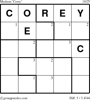 The grouppuzzles.com Medium Corey puzzle for  with the first 3 steps marked