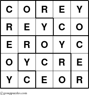 The grouppuzzles.com Answer grid for the Corey puzzle for 