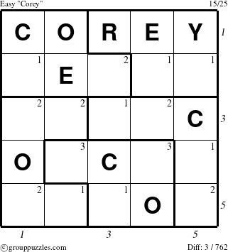 The grouppuzzles.com Easy Corey puzzle for  with all 3 steps marked