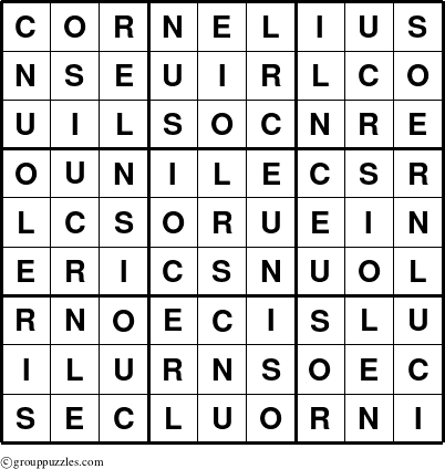 The grouppuzzles.com Answer grid for the Cornelius puzzle for 