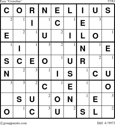 The grouppuzzles.com Easy Cornelius puzzle for  with the first 3 steps marked