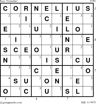 The grouppuzzles.com Easy Cornelius puzzle for  with all 4 steps marked