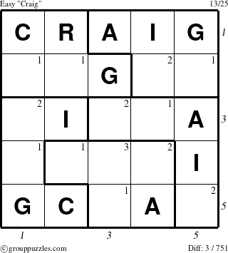 The grouppuzzles.com Easy Craig puzzle for , suitable for printing, with all 3 steps marked