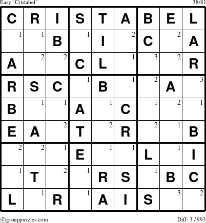 The grouppuzzles.com Easy Cristabel puzzle for  with the first 3 steps marked