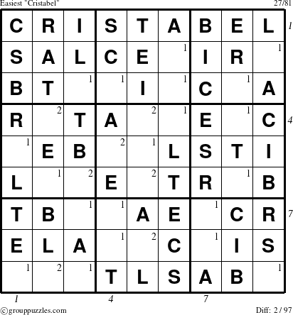 The grouppuzzles.com Easiest Cristabel puzzle for , suitable for printing, with all 2 steps marked