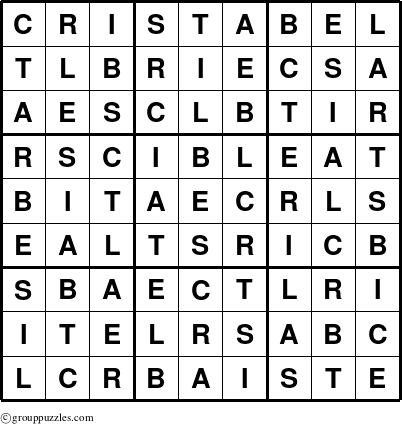 The grouppuzzles.com Answer grid for the Cristabel puzzle for 