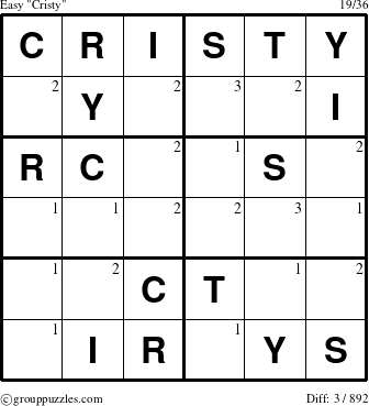 The grouppuzzles.com Easy Cristy puzzle for  with the first 3 steps marked