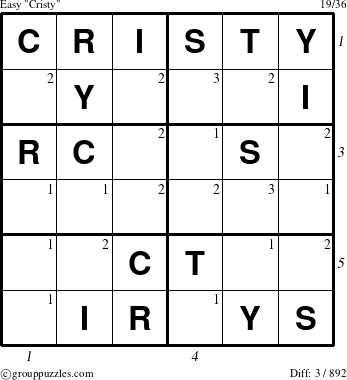 The grouppuzzles.com Easy Cristy puzzle for  with all 3 steps marked