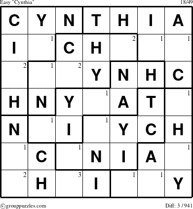 The grouppuzzles.com Easy Cynthia puzzle for  with the first 3 steps marked