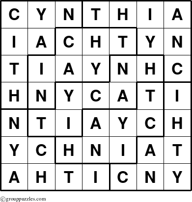 The grouppuzzles.com Answer grid for the Cynthia puzzle for 