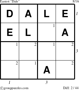 The grouppuzzles.com Easiest Dale puzzle for , suitable for printing, with all 2 steps marked