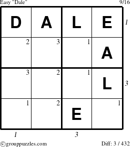 The grouppuzzles.com Easy Dale puzzle for  with all 3 steps marked