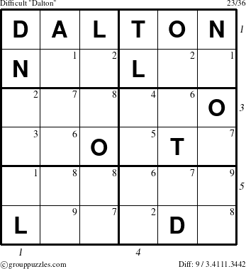 The grouppuzzles.com Difficult Dalton puzzle for , suitable for printing, with all 9 steps marked