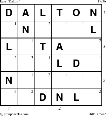 The grouppuzzles.com Easy Dalton puzzle for , suitable for printing, with all 3 steps marked