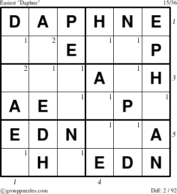 The grouppuzzles.com Easiest Daphne puzzle for , suitable for printing, with all 2 steps marked