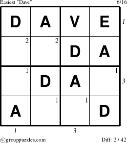 The grouppuzzles.com Easiest Dave puzzle for , suitable for printing, with all 2 steps marked