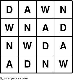 The grouppuzzles.com Answer grid for the Dawn puzzle for 