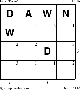 The grouppuzzles.com Easy Dawn puzzle for , suitable for printing, with all 3 steps marked