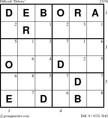 The grouppuzzles.com Difficult Debora puzzle for , suitable for printing, with all 8 steps marked