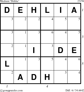 The grouppuzzles.com Medium Dehlia puzzle for , suitable for printing, with all 6 steps marked