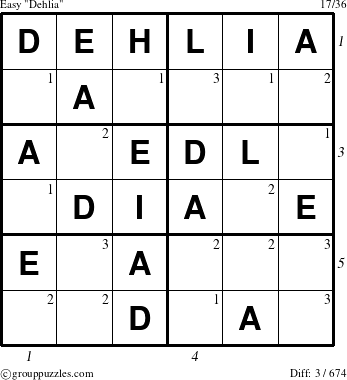 The grouppuzzles.com Easy Dehlia puzzle for , suitable for printing, with all 3 steps marked