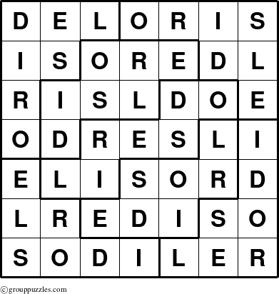 The grouppuzzles.com Answer grid for the Deloris puzzle for 