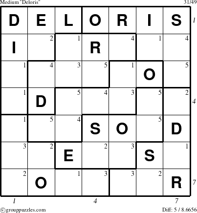 The grouppuzzles.com Medium Deloris puzzle for , suitable for printing, with all 5 steps marked