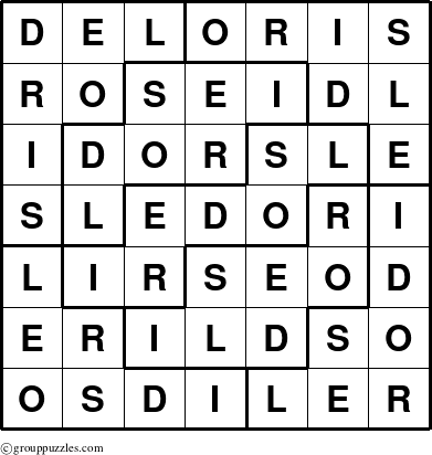 The grouppuzzles.com Answer grid for the Deloris puzzle for 