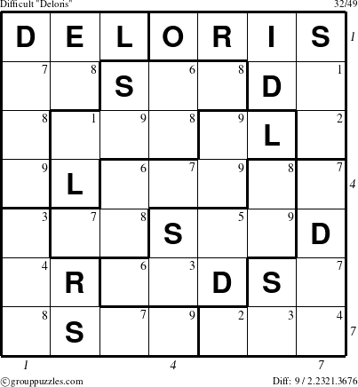 The grouppuzzles.com Difficult Deloris puzzle for , suitable for printing, with all 9 steps marked