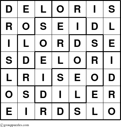 The grouppuzzles.com Answer grid for the Deloris puzzle for 