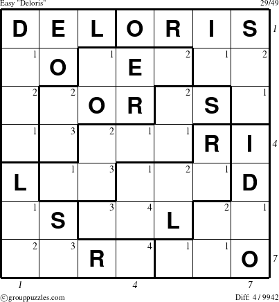 The grouppuzzles.com Easy Deloris puzzle for  with all 4 steps marked