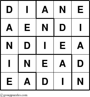 The grouppuzzles.com Answer grid for the Diane puzzle for 