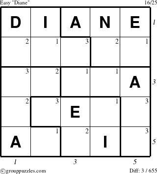 The grouppuzzles.com Easy Diane puzzle for , suitable for printing, with all 3 steps marked