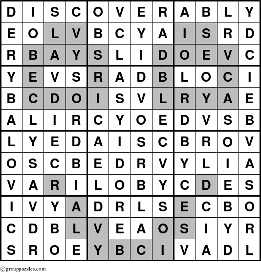 The grouppuzzles.com Answer grid for the Discoverably puzzle for 