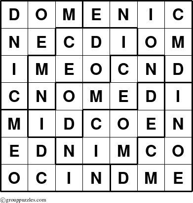 The grouppuzzles.com Answer grid for the Domenic puzzle for 