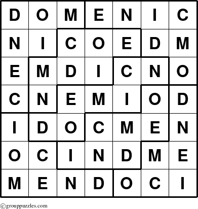 The grouppuzzles.com Answer grid for the Domenic puzzle for 